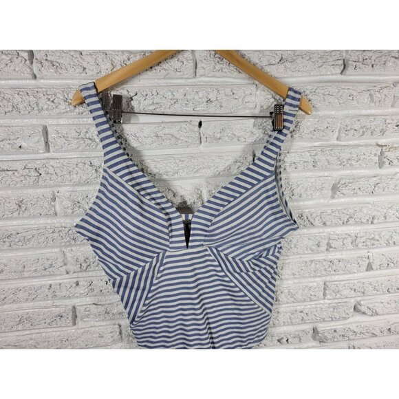 Time Tru Womens Swimsuit 1X One Piece Blue Stripe Plunge Bra Lined STR153E - Picture 2 of 11